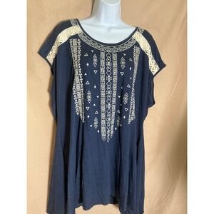 rxb Embroidered Boho Top Women XXL Navy Blue Excellent Lace Accent Short Sleeve